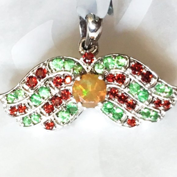 .925 Silver Opal, Tsavorite & Red Garnet Wings Pendant Angel Natural - Picture 12 of 16